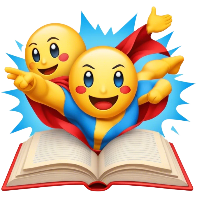 Create a vibrant emoji representing comic books and graphic novels. The design should feature a large, open comic book or vintage comic magazine with pages displaying classic comic art, with text. The comic pages should have bold, dynamic panels and action scenes. Include a pencil writing on the pages, but without a hand, to symbolize the artistic creation of comics. Use bright colors like red, blue, and yellow, with a retro feel to the design. Make the background transparent. emoji
