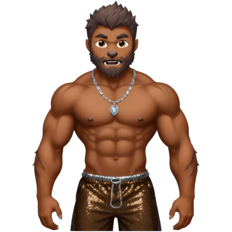 Werewolf with brown fur, dark brown sequin baggy pants, shirtless with necklace emoji