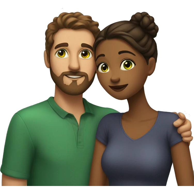 short brown girl with green eyes and full cheeks kisses a taller guy with brown hair and a beard emoji
