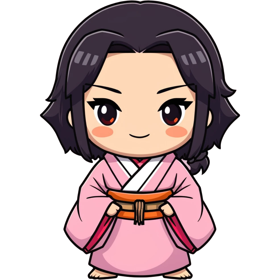 Nezuko Kamado from Demon Slayer, cute cartoonish sticker style, pink kimono, bamboo muzzle, long black hair with orange tips, big expressive eyes, chibi style emoji