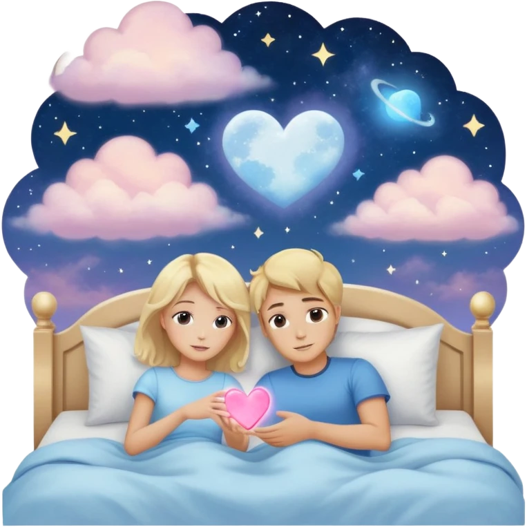 Sweet dreams a blonde man in a very  comfy bed with blue and Pastel clouds and an delicate  galaxy with a girl sending a heart elegant  emoji