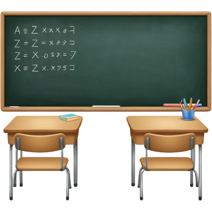 a classroom with desks and a big blackboard emoji