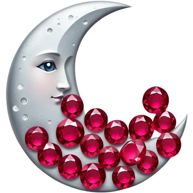 A glowing half-moon illuminates scattered rubies, blending lunar silver with deep crimson. The gemstones shimmer softly, creating a mystical and elegant scene. emoji