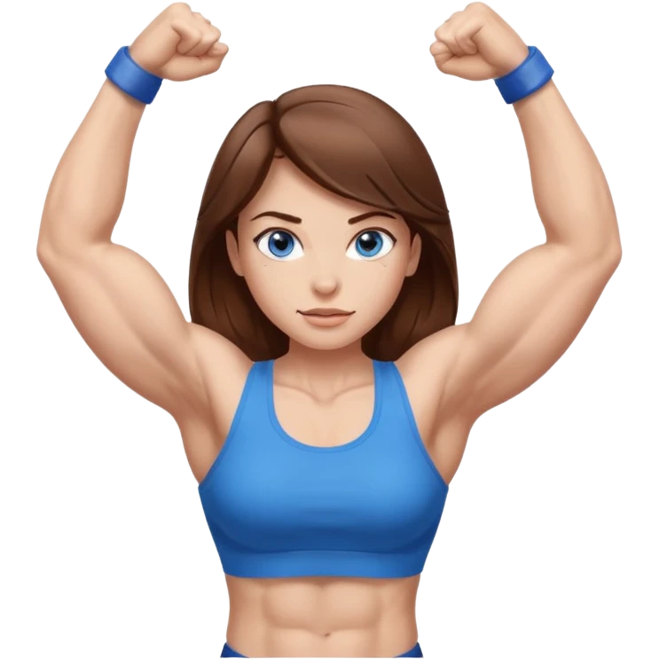 Girl with brown hair, blue eyes and really muscular arms, flexing her muscles emoji