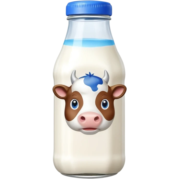 A 3D cartoon glass bottle of cow’s milk — white liquid, blue cap, clear reflections, Memoji-style rendering. emoji