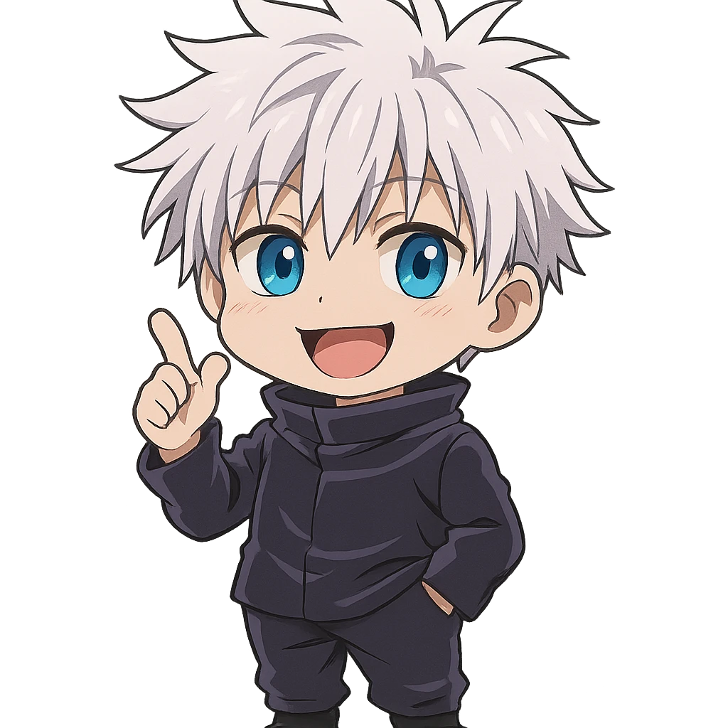 Satoru Gojo, chibi version, blue eyes, white hair, playful expression, anime style emoji