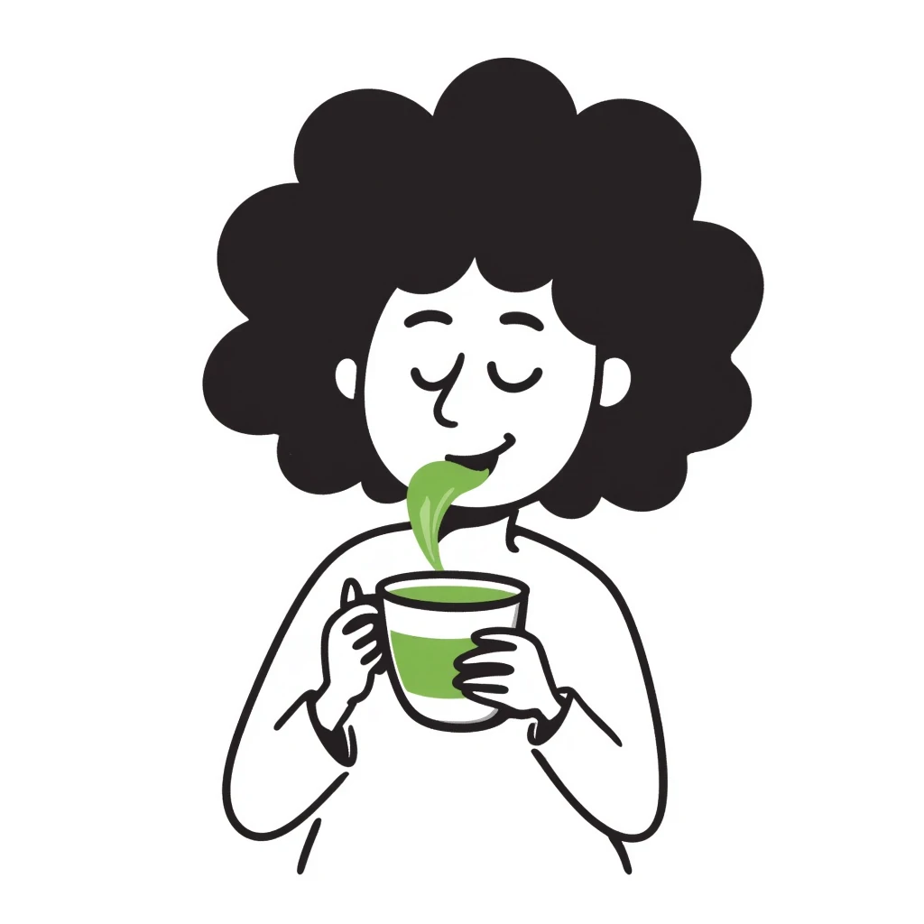 curly haired girl drinking matcha, hand drawn doodle style emoji
