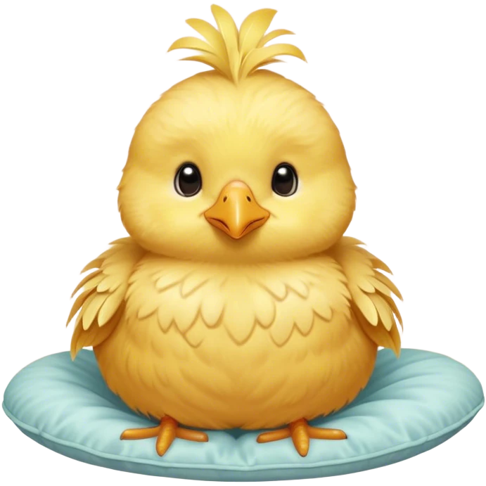 Cinematic round fluffy chick, golden yellow, tiny beak and feet, soft downy feathers, sparkling gentle eyes, sitting on a pastel-colored cushion, radiating warmth and sweetness. emoji