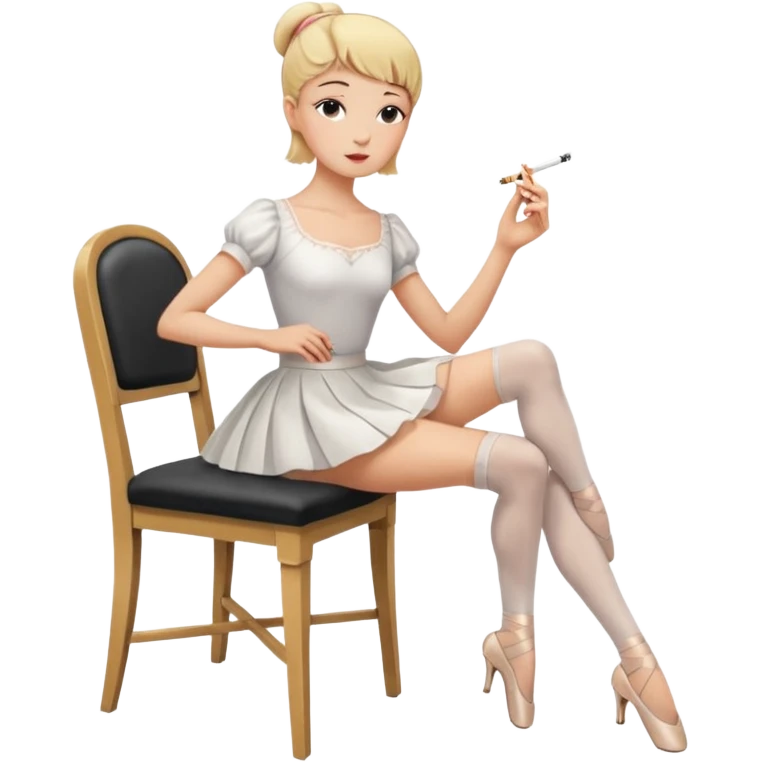ballerina, has blonde, cropped hair ballerina, dressed in a white English blouse and midi-length skirt, experienced ballerina, has placed her long legs on a chair in front of her, is smoking emoji