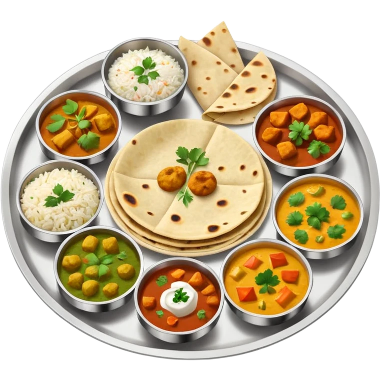 vegetarian Indian thali platter with colorful curries, rice, and roti emoji