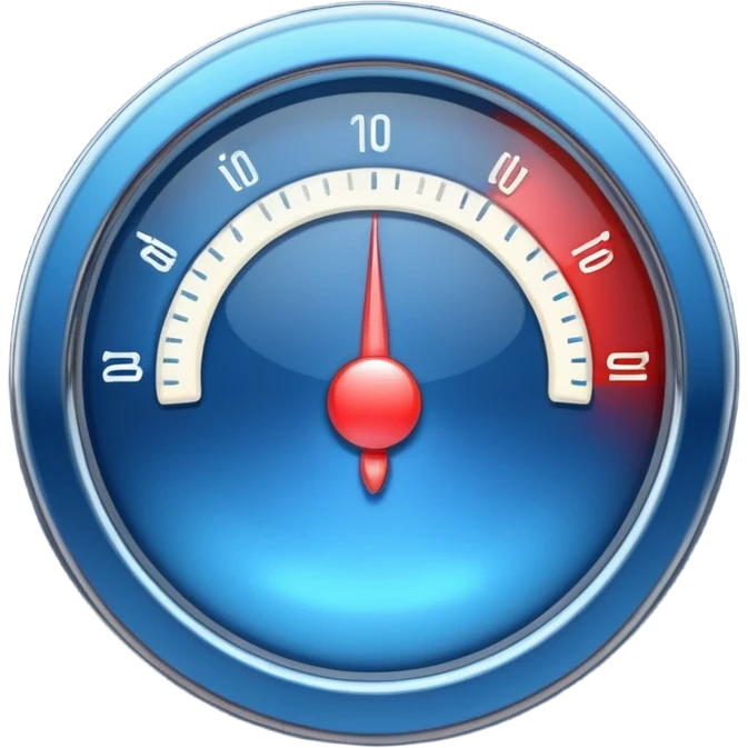 a stylized gauge, deep blue with a soft glow, no numbers, just a pointer and arc, apple emoji style emoji