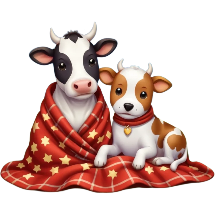 cow cuddling a dog under a blanket with twinkling stars above them in a field emoji