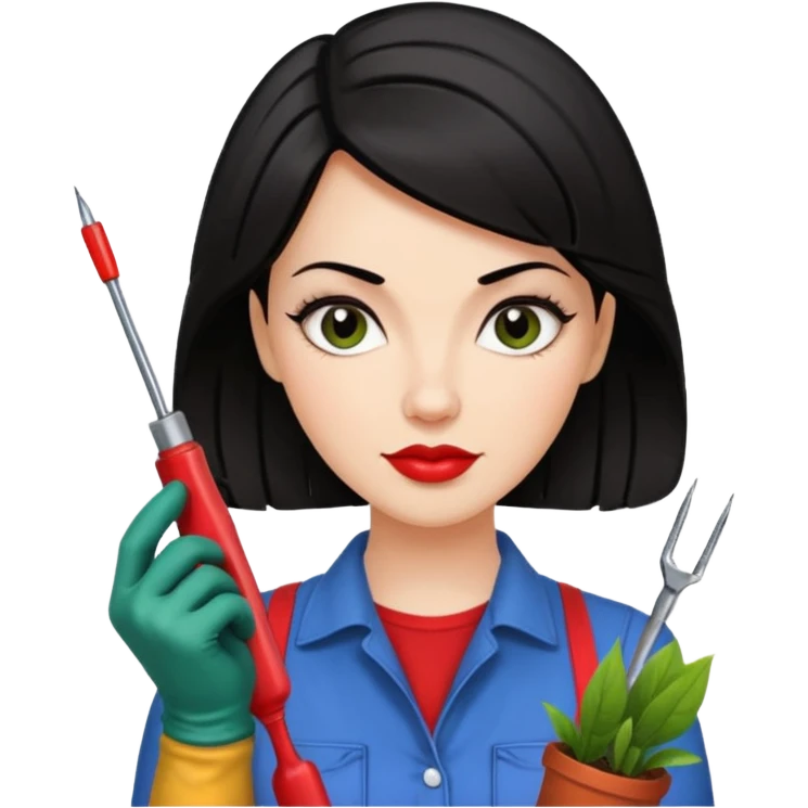 I like it! Can you make her dark haired? Rockabilly vibes are good. I like the third one and last most. Could you leave the screwdrivers? She's more like the organised one. Perhaps give her washing gloves or something. Or gardening gloves. emoji