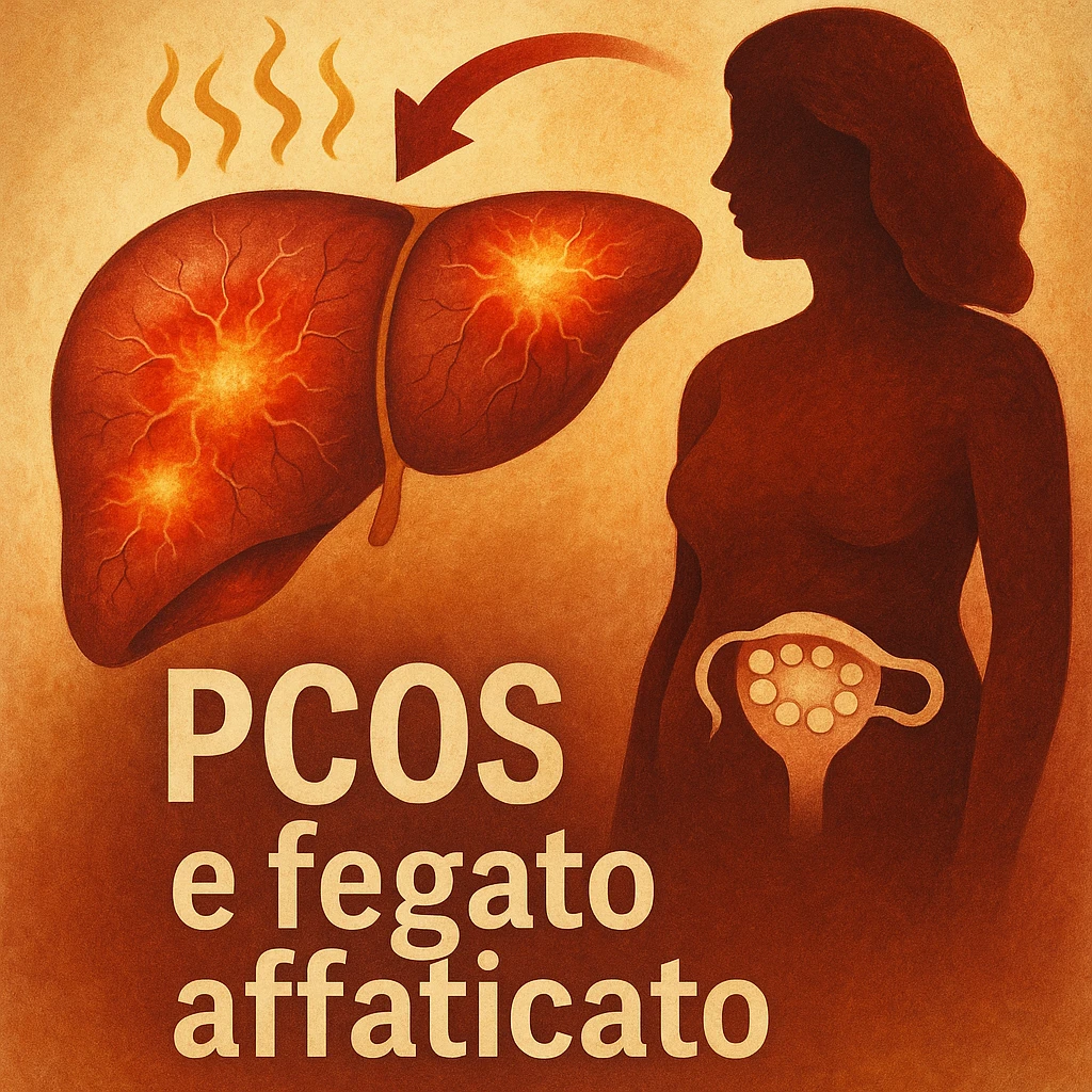 symbolic scene, close-up of stylized liver with inflamed areas and stress signs, next to silhouette of a woman with PCOS, Italian text: 'PCOS e fegato affaticato', warm colors, realistic details, 4K quality emoji