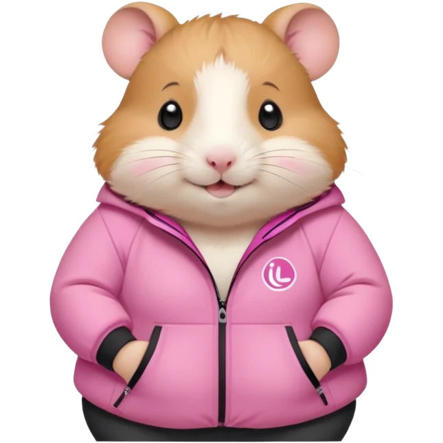 Cute chubby cartoon-style hamster wearing the lululemon pink define jacket, proud and smiling expression. Painterly shading, white background, sticker-style illustration emoji