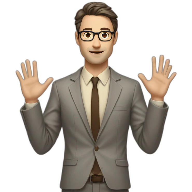 Full height Actively gesturing with hands Pale skinned fit man with dark brown hair in gray jacket, beige office shirt, brown tie, brown pants and vintage glasses. emoji