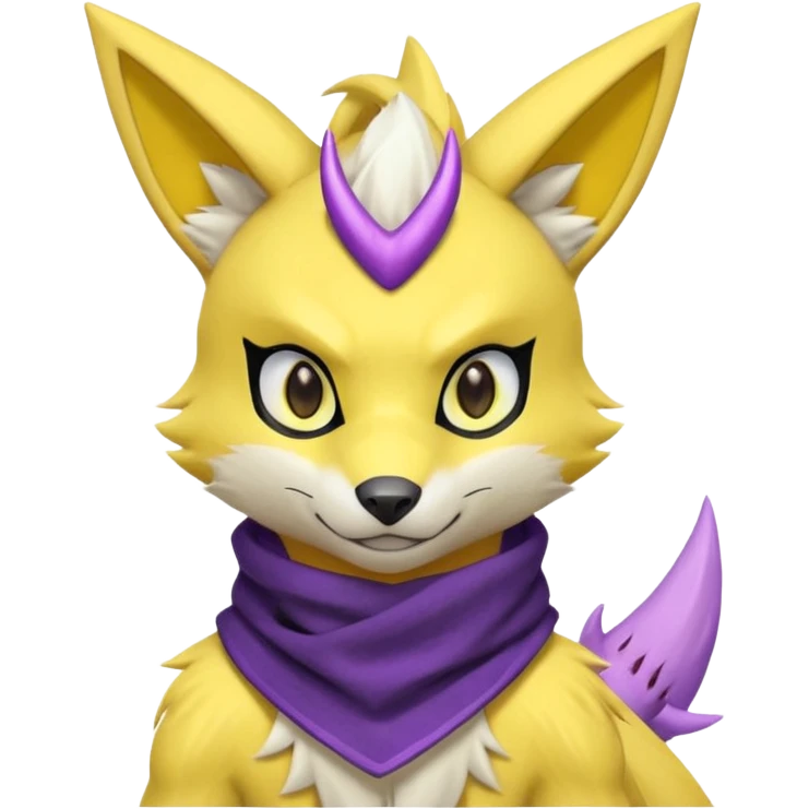 Furry Anthropomorphic Yellow Renamon-Zeraora-Toxtricity-Lombax-Pokémon-Digimon-Fakémon-fusion with purple lightning-bolt-markings, and facial markings, black bandanna scarf emoji