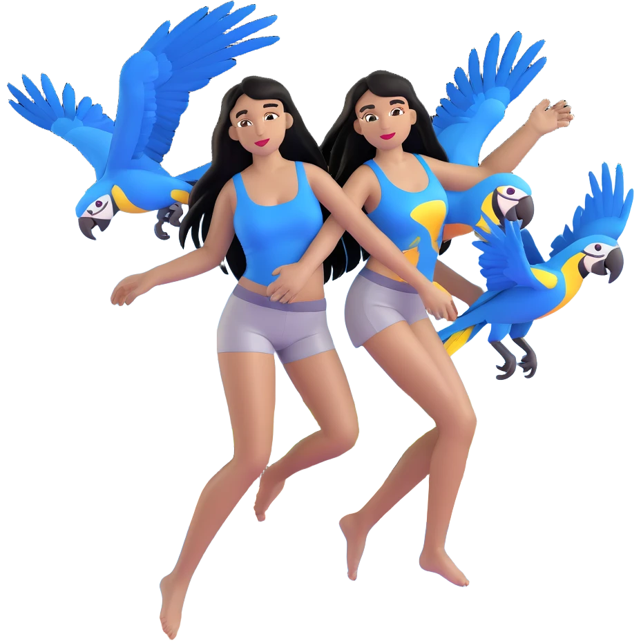 woman with long straight black hair, light brown skin, with blue macaws flying around her, and the three arches of Atalaia Beach (Aracaju-SE) in the background emoji
