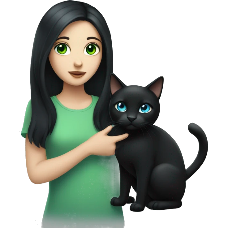 Girl with black hair and blue eyes holding a black cat with green eyes  emoji