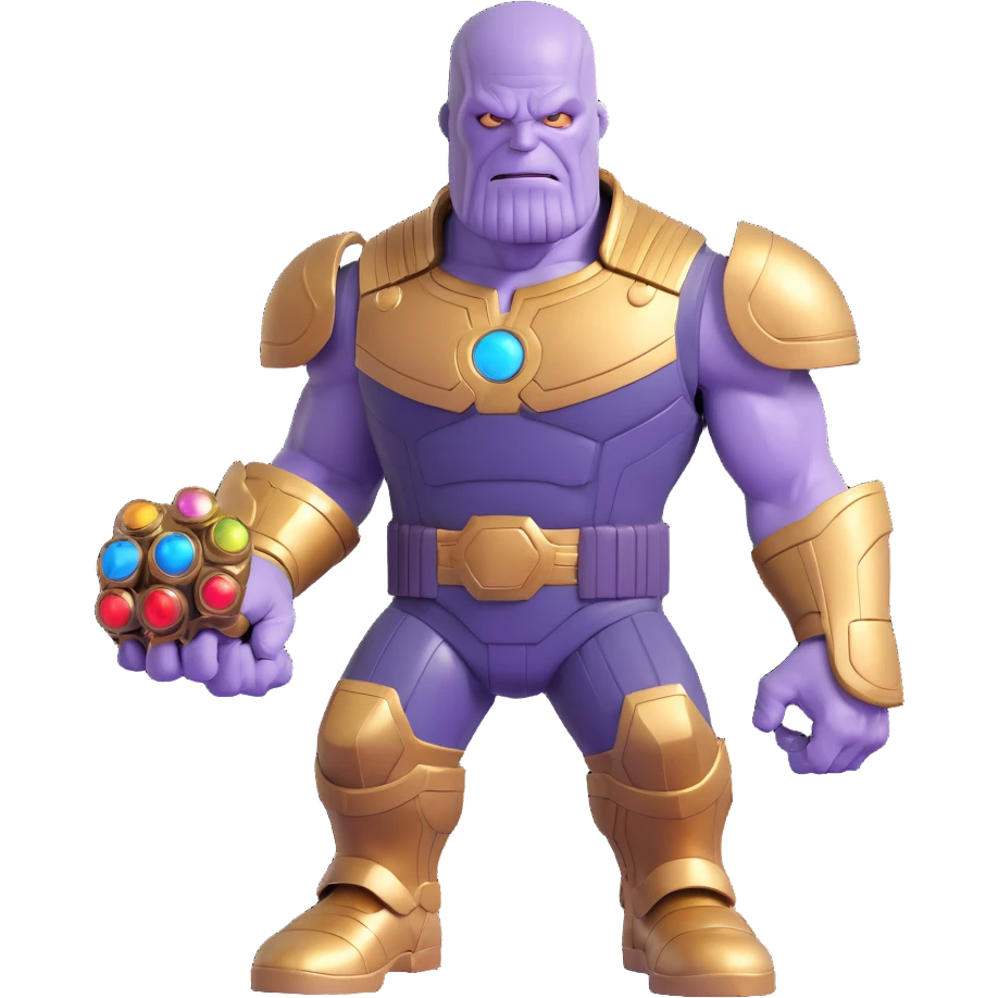 Thanos, 3D emoji style, round face, simplified armor, Infinity Gauntlet, friendly but mischievous expression emoji