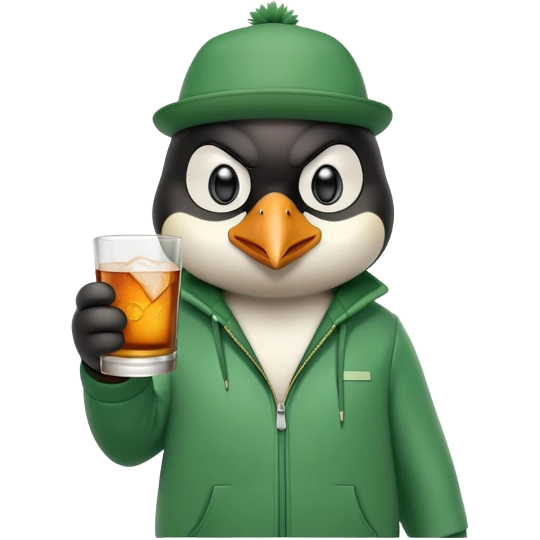 head and shoulders portrait of a friendly anthropomorphised penguin wearing a green mafia-style tracksuit, angry confident scheming expression, holding a glass of whiskey emoji