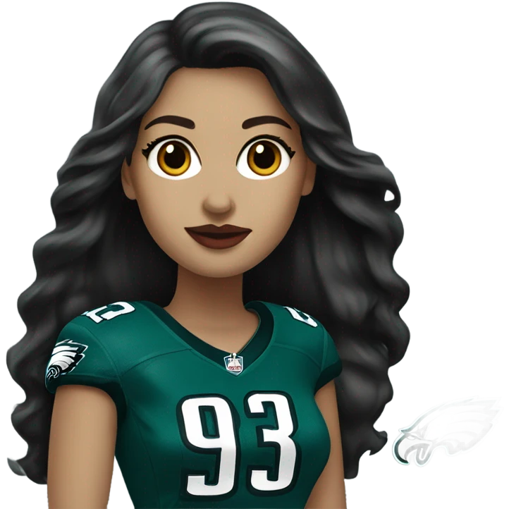 White female long dark hair red lips wearing Philadelphia Eagles jersey emoji