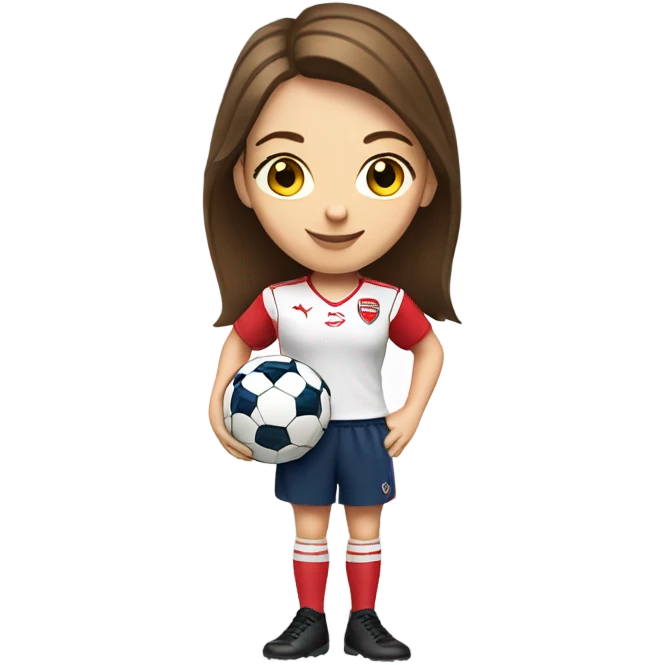 Pretty white woman with short brown hair holding a soccer ball and wearing an Arsenal jersey emoji