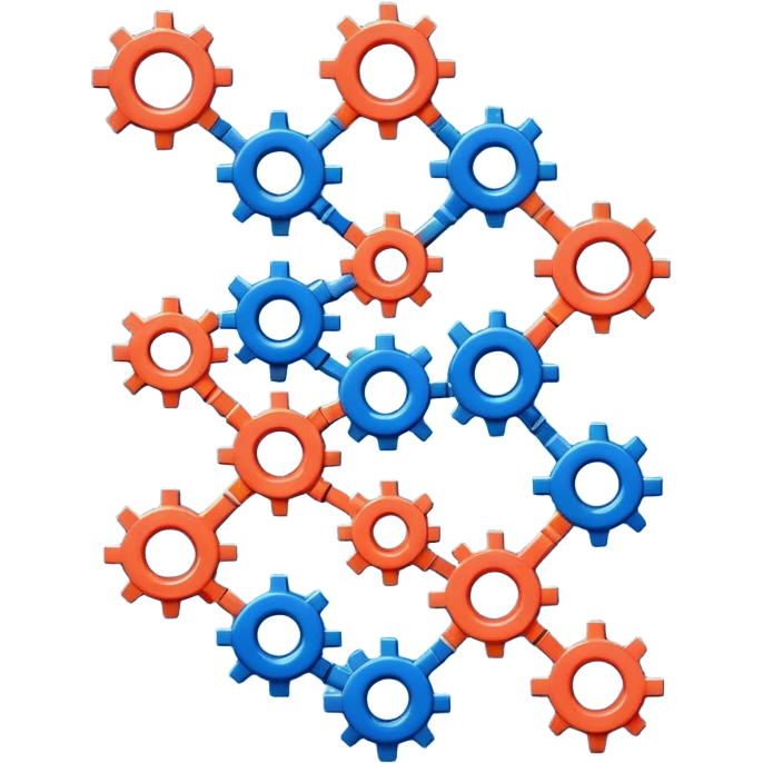 Modern minimal emoji: building blocks + connection flows + gear. Deep blue and coral colors. Professional no-code expert signature. Geometric clean style. emoji