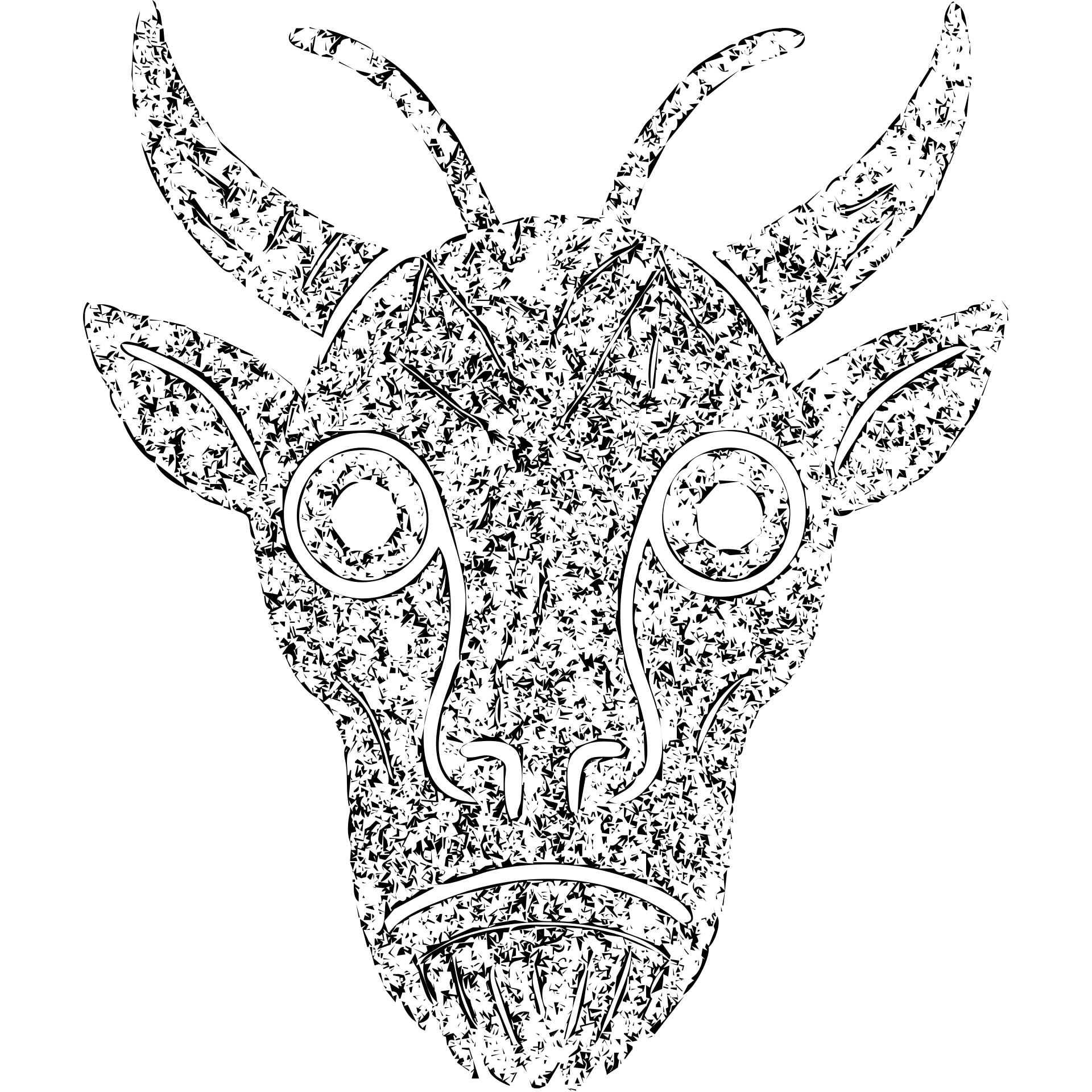 a highly abstract and minimalist red icon combining: stoat fur texture, minotaur skull with horn, frog eyes, elf facial structure, moth antennae, cat ears, platypus bill elements, and capybara nose, all fused into one bizarre chimeric head, extremely weathered with scratches, broken lines, and worn appearance, entirely red emoji