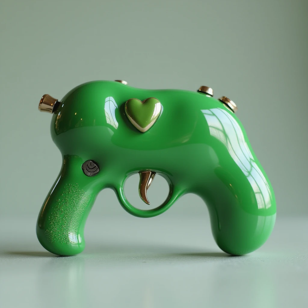 green heart pistol, photorealistic style, glossy finish, on a white background emoji