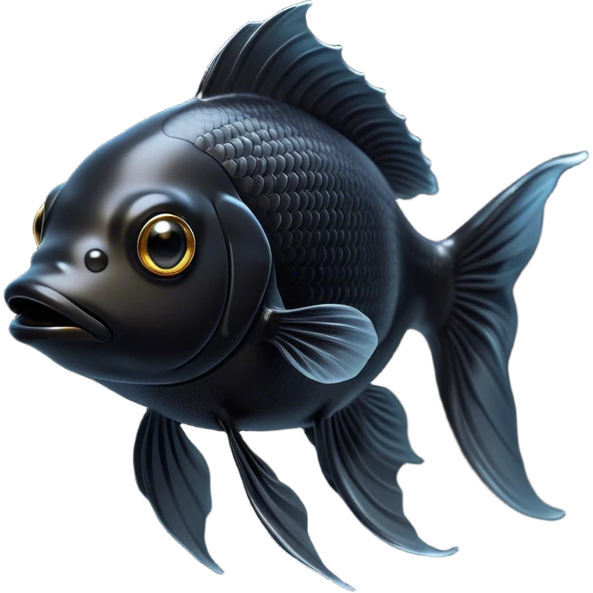 Cinematic Noble Black Goldfish Portrait Emoji, Poised and regal, with a sleek, streamlined build and a lustrous, deep black body, deep-set soulful golden eyes, Simplified yet sharp and sophisticated features, highly detailed, glowing with a soft, dignified glow, high shine, intelligent and graceful, stylized with an air of aquatic elegance, focused and attentive, soft glowing outline, capturing the essence of a watchful and confident aquatic companion, so majestic it feels as though it could glide out of the screen with effortless authority! emoji