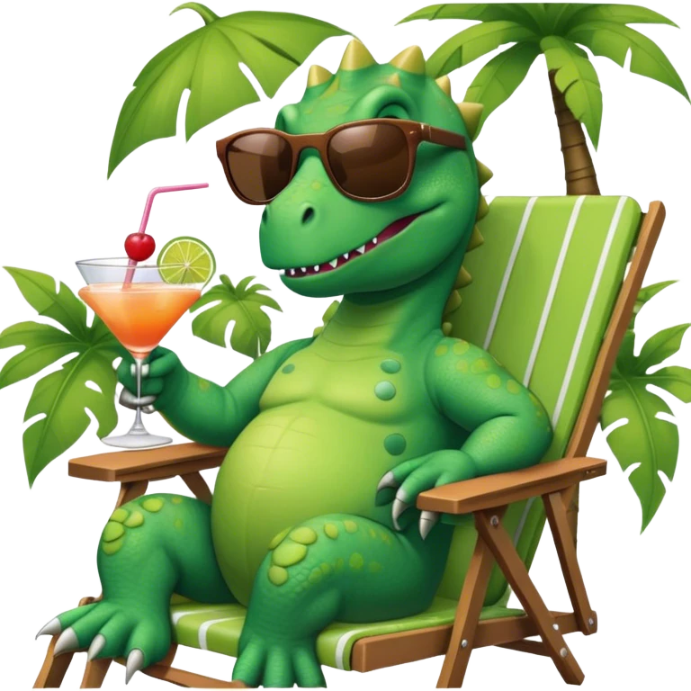 green dinosaur with sunglasses that he's raising inquisitively, in a lawn chair, with a cocktail emoji