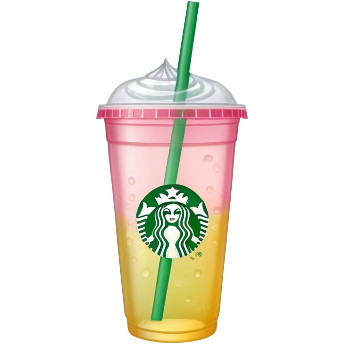 A Starbucks cup with a green straw and a pink lemonade inside the cup emoji