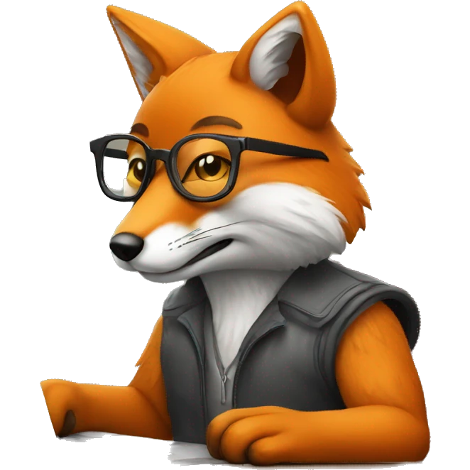 Fox is sitting at a table with a laptop, wearing glasses emoji
