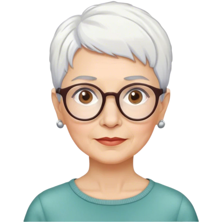 Older anthropologist woman, short cropped pixie white hair, brown brows, glasses  emoji