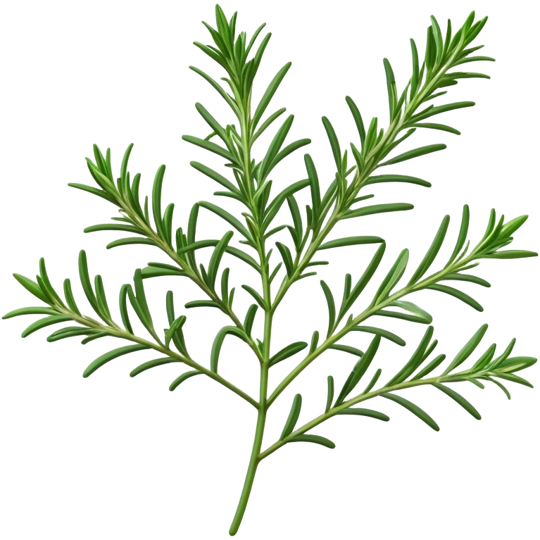 Cinematic Realistic Rosemary Emoji, Fragrant and fresh, with slender green stems covered in needle-like leaves, which release a distinctive herbal scent. The plant seems to exude energy, with soft sprigs of leaves stretching upwards. Soft glowing outline, capturing the essence of earthy healing and aromatic delight in a sprig of rosemary! emoji