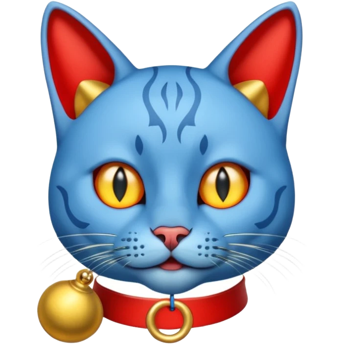 Cat with no ears head blue body blue with gadget with gold bells red tail emoji