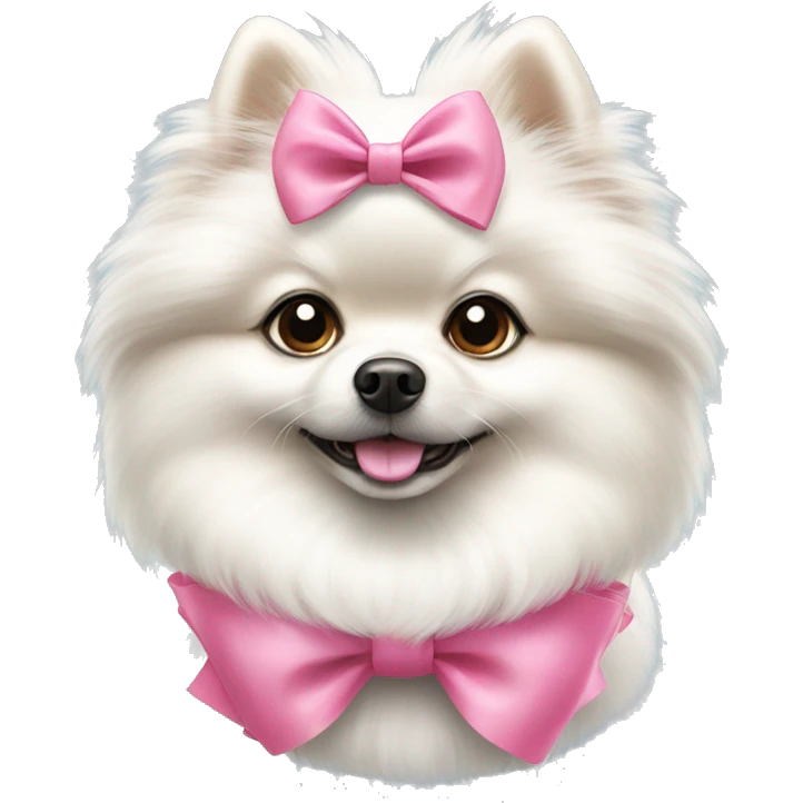 A white Pomeranian dog with a pink bow emoji
