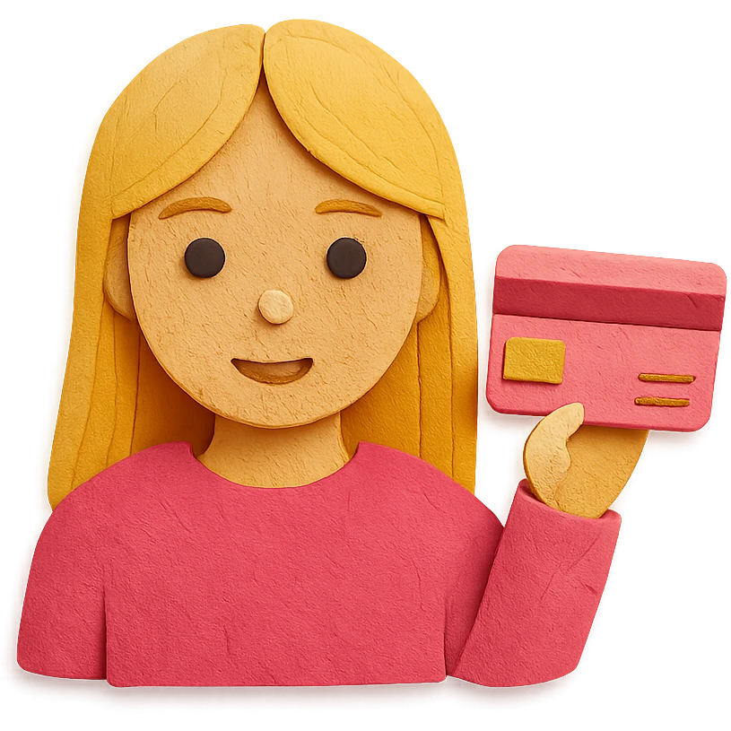 blonde girl with long hair, pink fur, holding a pink credit card, paper craft style emoji
