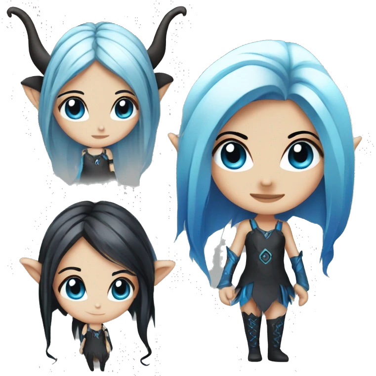 chibi, long black and blue hair, big eyes, pierced elf ears, black horns with blue tips, vivid, emoji emoji