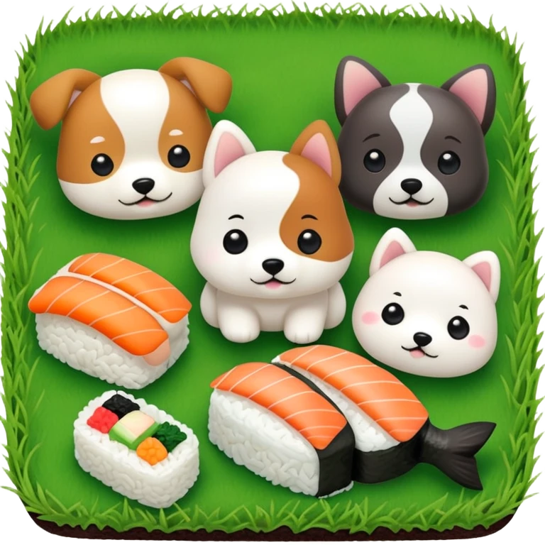 Sushi and a cake with a puppy in grass  emoji