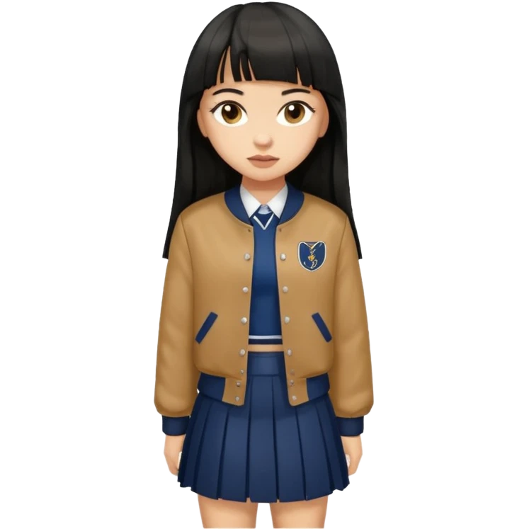 hair : black long hair with fringe 
skin : light 
cloth : brown varsity jacket + navy long long school girl skirt 


 emoji