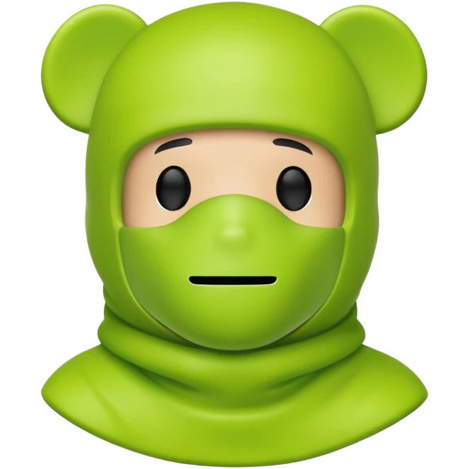 bearbrick toy wearing a lime green balaclava with relaxed but well-defined arched eyebrows visible above the mask emoji