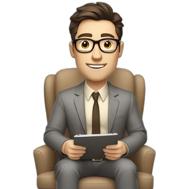 Pale skinned Fit Man With dark brown hair in gray jacket, beige office shirt, Brown pants and vintage glasses sitting In a soft chair with a notebook and a pen Fooling with his tongue emoji