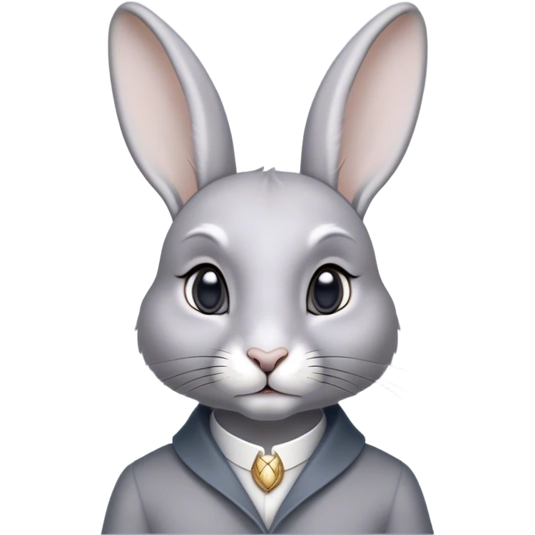 Cinematic Noble Grey Rabbit Portrait Emoji, Poised and regal, with a compact, graceful build and a smooth, elegant grey fur, long, delicate ears and deep-set soulful grey eyes, Simplified yet sharp and sophisticated features, highly detailed, glowing with a soft, dignified glow, high shine, intelligent and serene, stylized with an air of refined subtlety, focused and attentive, soft glowing outline, capturing the essence of a watchful and confident companion, so majestic it feels as though it could hop out of the screen with effortless authority! emoji