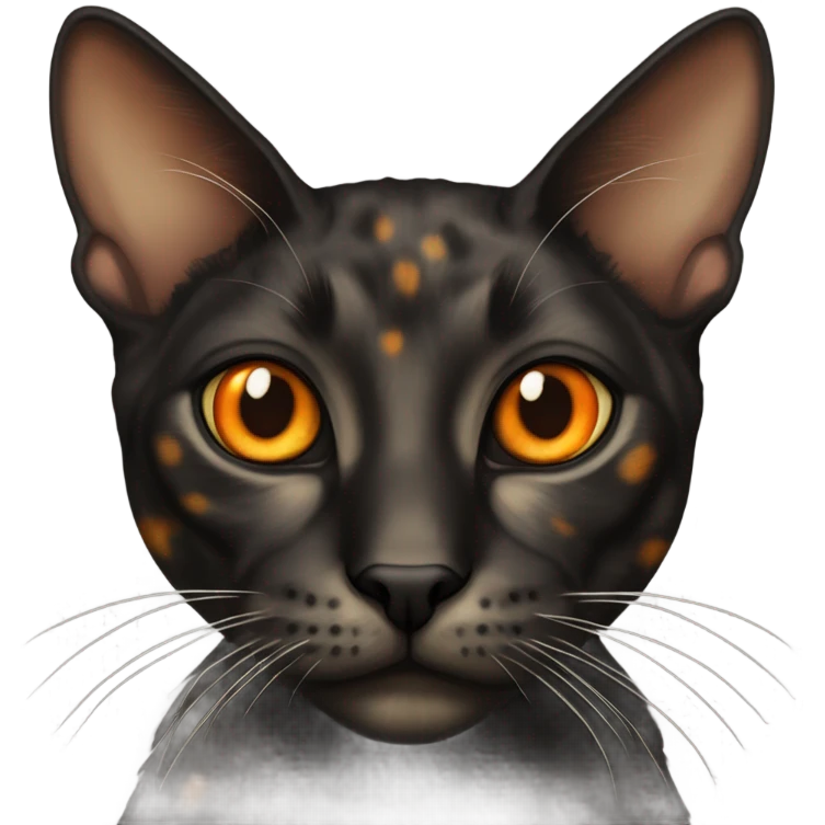 skinny dark tortoiseshell cat with orange eyes and a cream colored marking above its mouth emoji