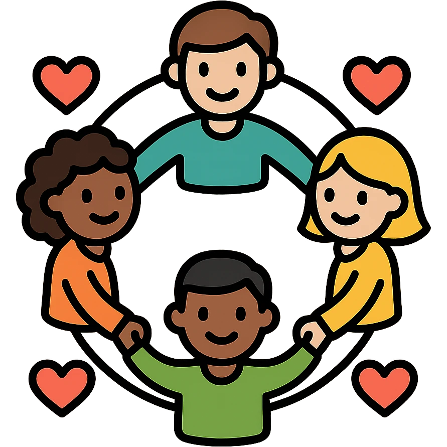 a group of diverse, happy people holding hands in a circle, with hearts and warm colors, friendly modern icon style, community of kindness emoji