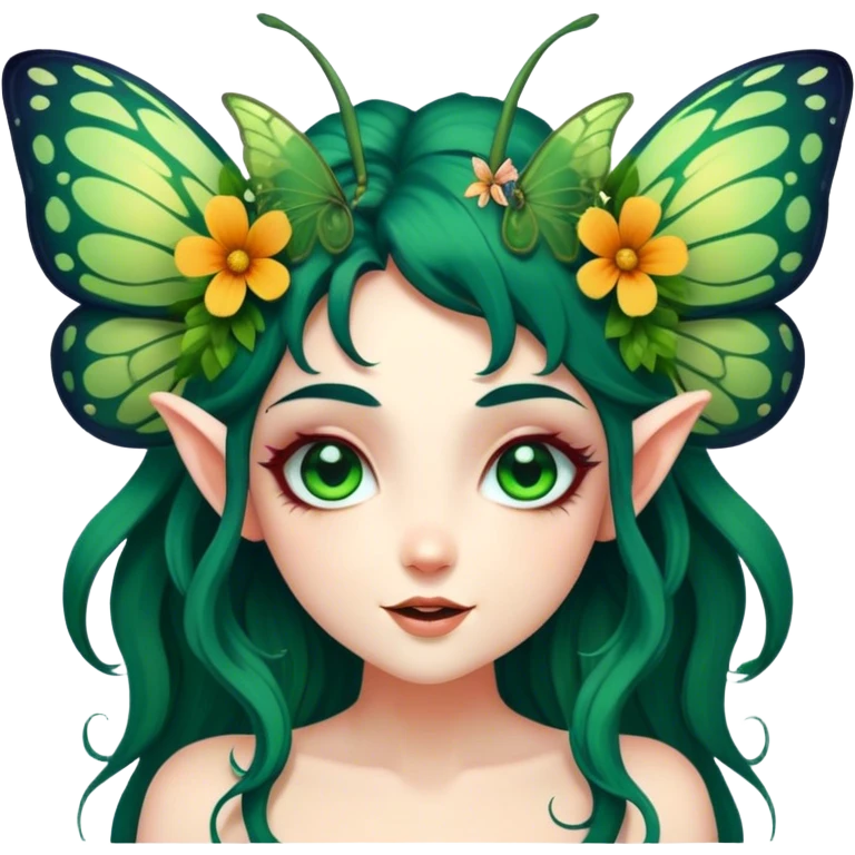 Cinematic Realistic Forest Fairy Portrait, head tilted dramatically with an exaggeratedly amused expression, featuring a striking, nature-infused form with glowing, sun-kissed tanned skin and vividly detailed dark green hair adorned with floral accents. Her expressive eyes brim with playful forest mischief, rendered with vibrant, lifelike textures and dynamic dappled lighting that conveys a spirited, over‐the‐top woodland whimsy showing her large butterfly wings from her back. emoji