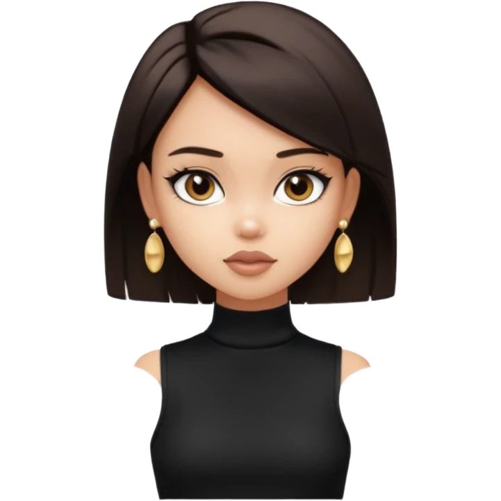 generate a pretty bratz girl in black cami top, dark brown straight short hair, eyeliner on. dark brown eyes. Wearing a white sleeveless turtleneck, gold stud earrings emoji