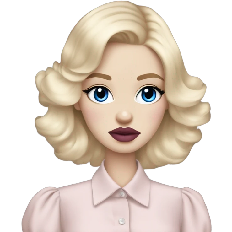 Hot girly pale blonde with blue eyes and light pink lips wearing YsL. Puffed sleeve shirt emoji